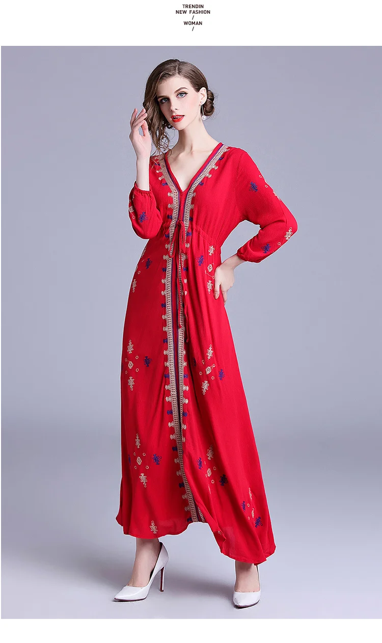 Женское платье с v-образным вырезом SMTHMA красное вышивкой и длинным рукавом зимнее
