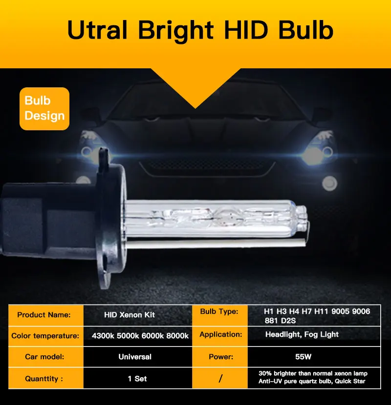 1 комплект AC 55 Вт H7 ксеноновая лампа H1 H3 H4 H11 H8 H9 9005 9006 881 D2S HID Xenon комплект 4300K 5000k 6000K 8000K ксенона H7 автомобильный светильник лампочка