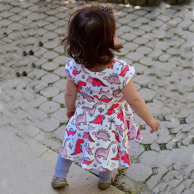 2017 Short Sleeve Cute Dinosaure Printed Girl Dress Clothes Summer Fashion Tiny Cottons Kids Dresses for Girls Costume | Детская одежда