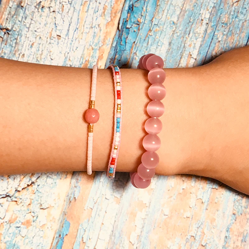 Boho 3 шт./компл. розовый опал браслеты для женщин и девочек милый бисер
