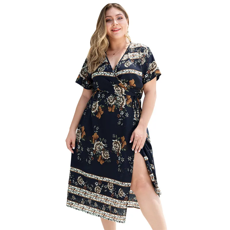 Летнее женское платье Плюс Размер короткий рукав v образный вырез Высокая талия