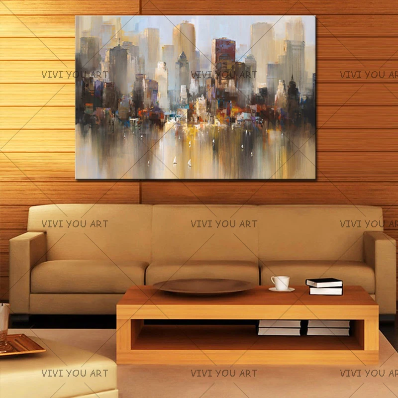 Skyline art 100% ручная работа картина маслом пейзаж Нью Йорк горизонт абстрактная на