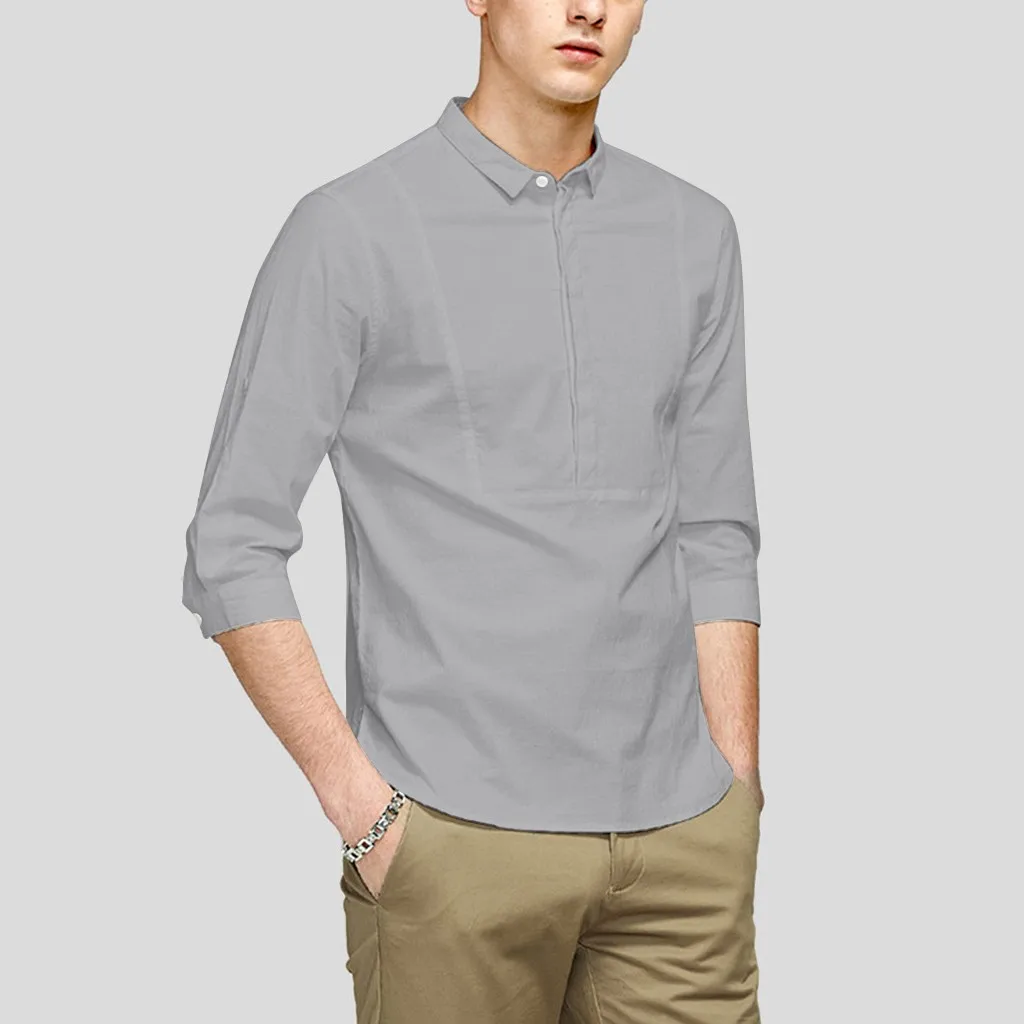 2019 New Fashion Summer Smart Casual Botton Shirt 3/4 Sleeve Lapel Loose Solid Cotton | Мужская одежда