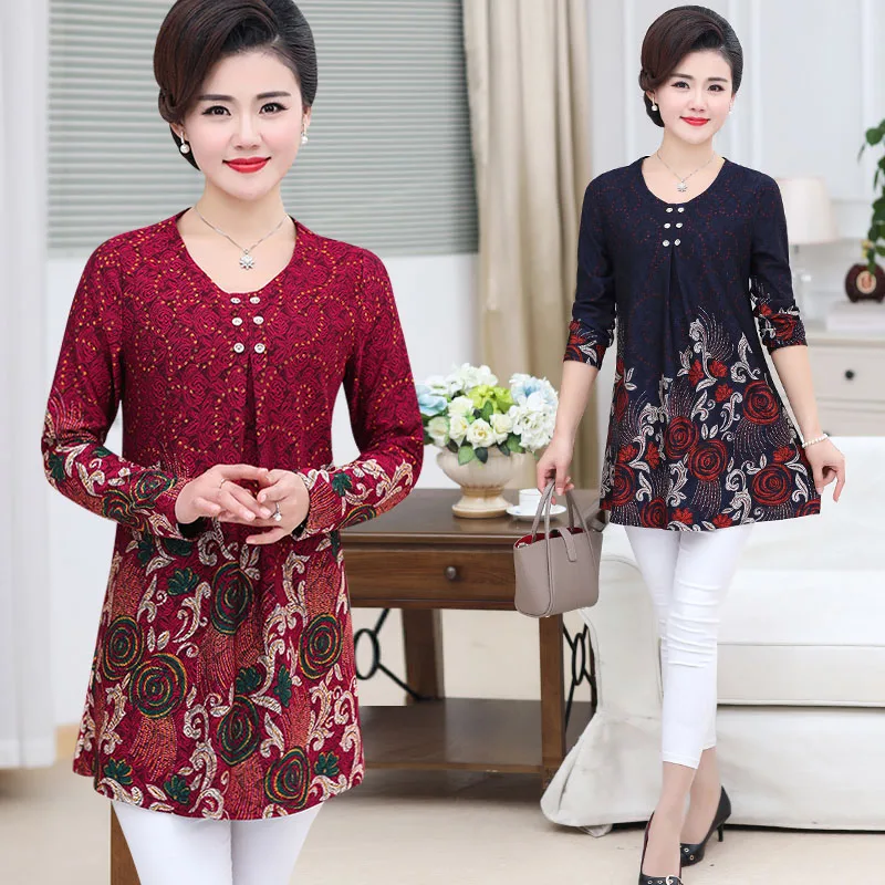 5xl floral top tshirt for women 2020 spring fall new plus size middle age mother long sleeve pullover casual loose bottom shirt | Женская