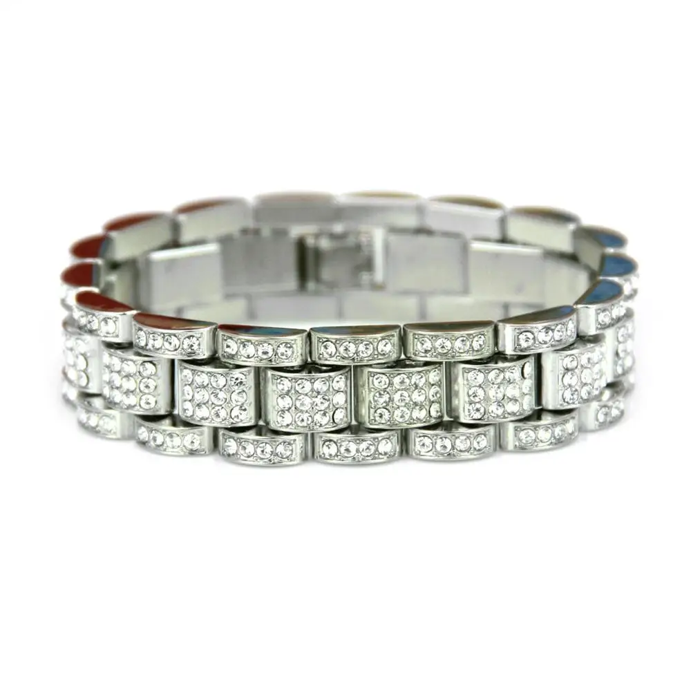 Silver Хип хоп Полный AAA CZ камень инкрустированный Bling Iced Out раппер браслет золотой серебряный цвет часы группа звено цепи браслеты для мужчин ювелирные изделия - Окраска металла: Silver
