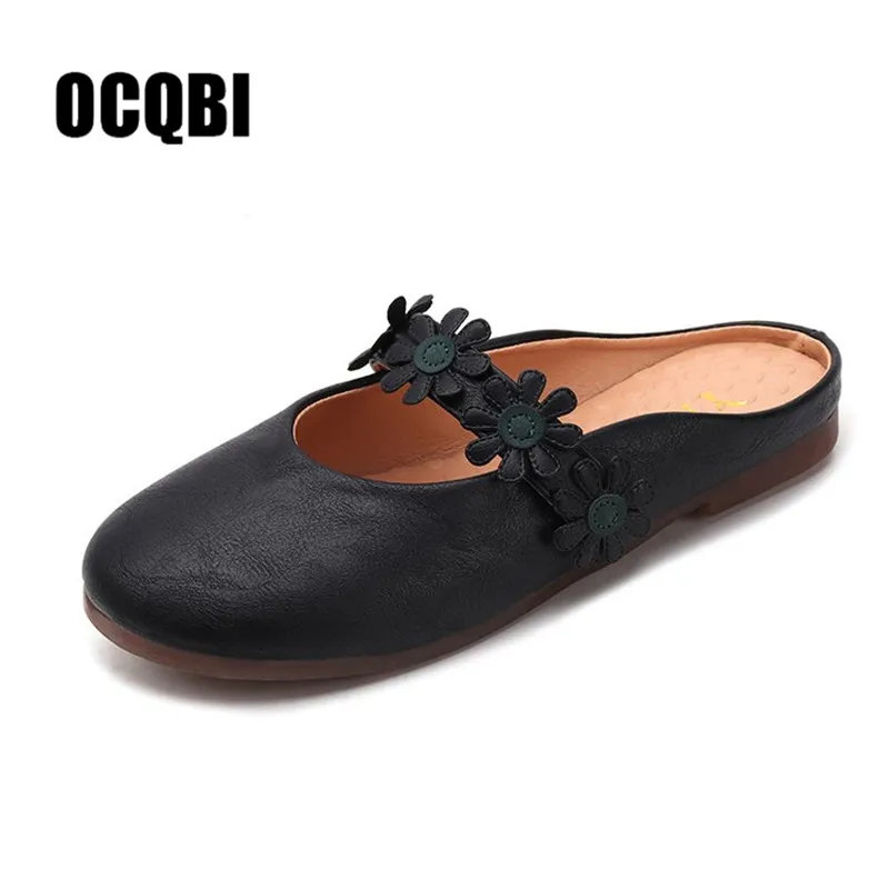 Женская обувь; сезон лето; Новинка; модные кожаные женские шлепанцы; Повседневная обувь в национальном стиле; сон-трава; большие размеры 40; женские шлепанцы; zapatos mujer - Цвет: black