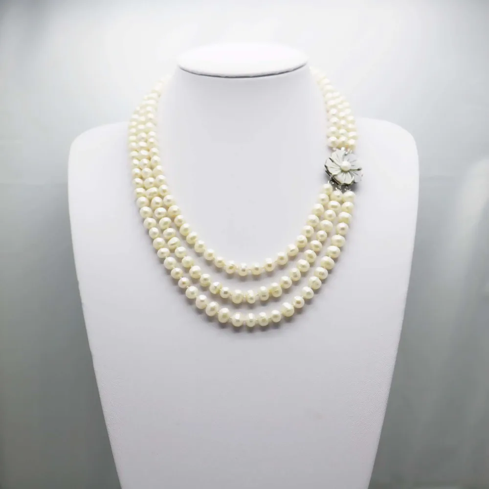 Модное популярное ожерелье с натуральным белым жемчугом 3 ряда цепочка на шею