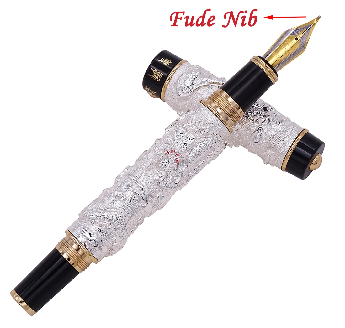 

Винтажная Серебряная перьевая ручка Jinhao, двойной дракон, каллиграфия, перо из фуда, полностью Металлическая резьба, тиснение, тяжелая подар...