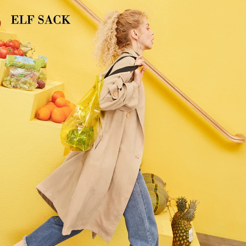 Женский Повседневный вязаный Тренч ELFSACK двубортный трапециевидной формы с