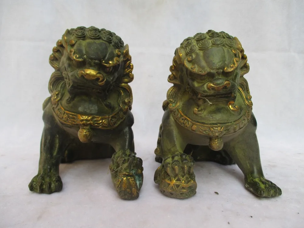 

High:16CM !!!Collectible 1 Pair Of Chinese Old Bronze Carved Gold gilt Fu Foo Dog Sculpture /Antique Metal statue