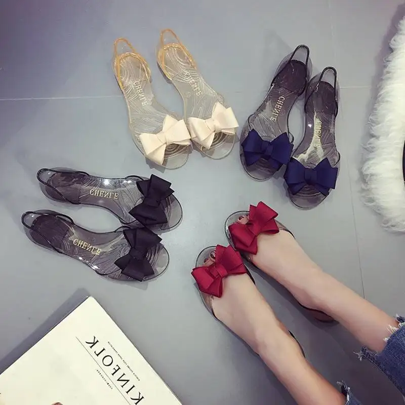 Модные прозрачные сандалии милые с бантом женские летняя прозрачная обувь
