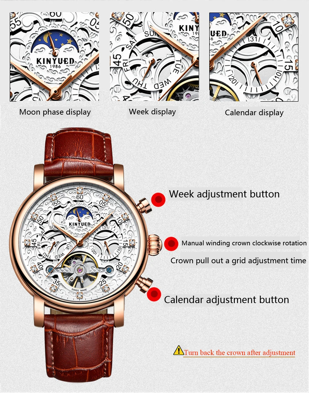 KINYUED повседневные часы с бриллиантом, Tourbillion дисплей, с автоматическим заводом, часы для мужчин, фаза Луны, с коричневым ремешком из натуральной кожи