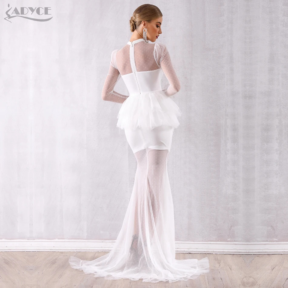 Женское длинное платье ADYCE белое клубное макси с длинным рукавом сеткой и рюшами