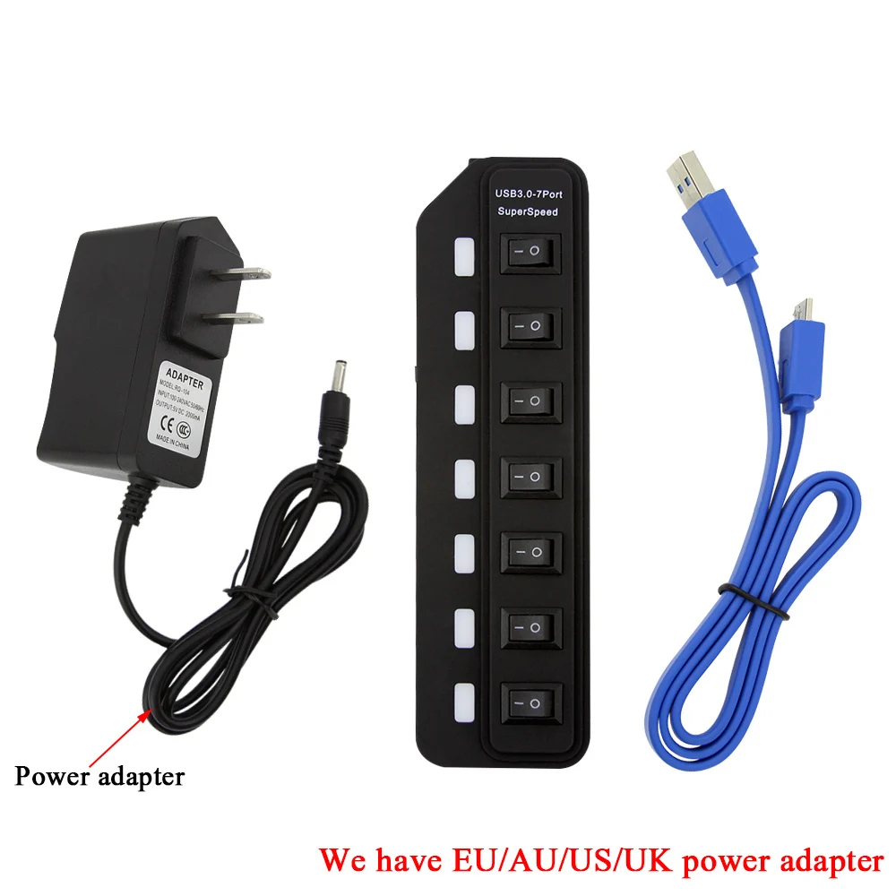 Firstmemory USB3.0 концентратор USB A до 4/7 Порт с ЕС/США/AU/Великобритания DC 5 В/2A адаптер