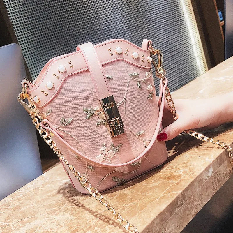 ETAILL Sweet Lace Floral Bucket Bag Luxury Shoulder Bags for Women 2018 Famous Brand Flowers Chain | Багаж и сумки