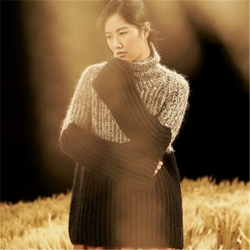 

100% hand made pure cashmere turtleneck knit women fashion patchwork loose H-straight pullover sweater customized