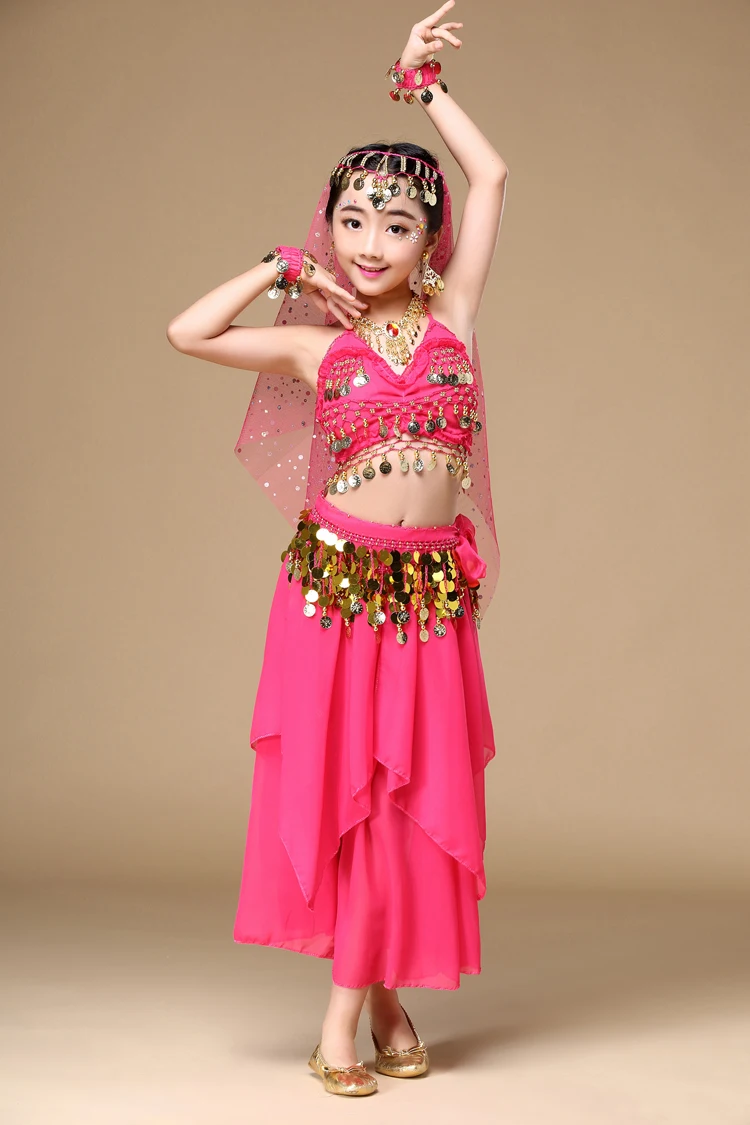 5 colors 4-5-6pcs girls Belly Dance Costume kids Indian Dancing Performance red/rose/yellow/purple/sky blue Clothing Stage skirt |