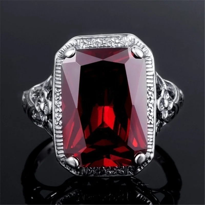 OMHXZJ Wholesale European Fashion Woman Man Party Wedding Gift Silver Red Rectangle AAA Zircon 925 Sterling Ring RR17 | Украшения и