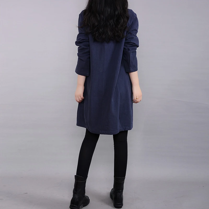 Хлопковое льняное женское платье с длинным рукавом однотонное повседневное