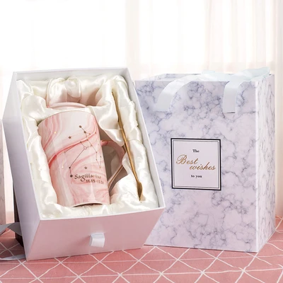 With gift box OUSSIRRO натуральный мрамор 12 созвездие керамическая розовая Зодиак кружка с крышкой кофейные кружки творческая личность чашка 400 мл без свинца - Цвет: With gift box