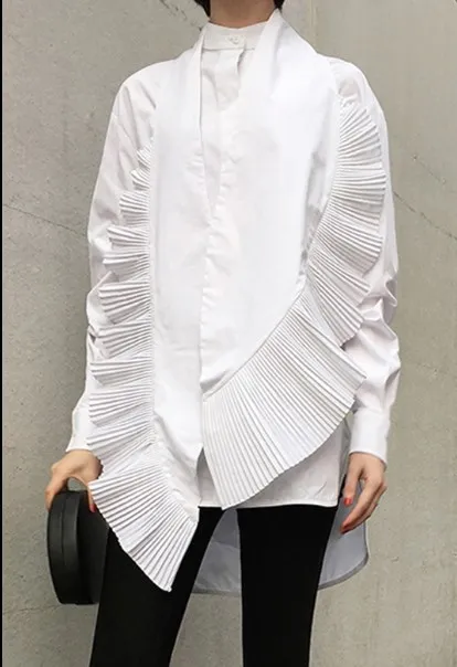 2019 Spring New Women Irregular Shirt Casual Fashion Pleated Decorative White Blouses Female Design Clothing fw245 |