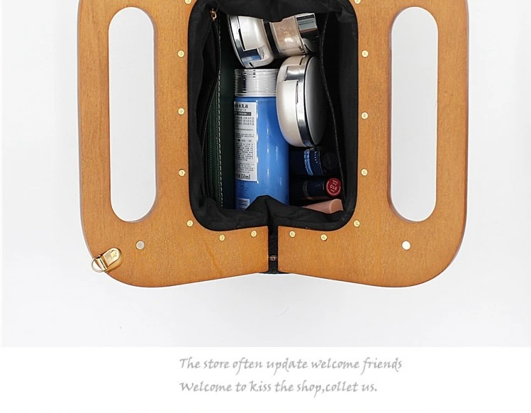 Women Wooden Handle Handbag Wood Clip Casual Shoulder Bag Diagonal Solid Color Vintage Bag Crossbody Bag