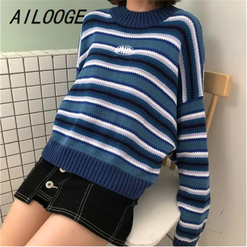 

AILOOGE Spring New Women Sweaters 2018 Kawaii Sweaters Cute Sweet Vintage Striped Oversize Knit Pullover Sweaters