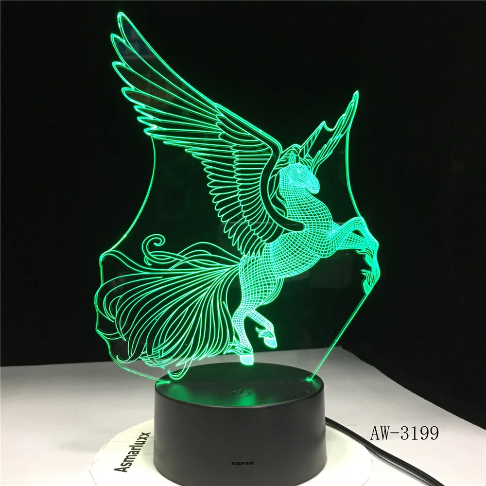 Большие крылья Единорог 3D светодиодный ночной Светильник вечерние мультфильм