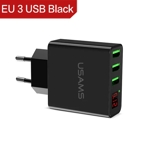 EU 3USB Black USAMS, 3 порта, USB зарядное устройство для телефона, светодиодный дисплей, штепсельная вилка европейского стандарта, всего макс., 3 А, умное быстрое зарядное устройство, мобильное настенное зарядное устройство для iPhone, iPad, samsung - Тип штекера: EU 3USB Black