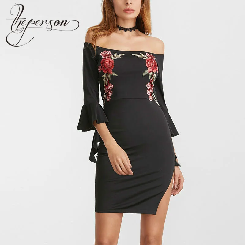 2018 New Pattern Knitting Embroidered Sexy One Shoulder Dress | Женская одежда