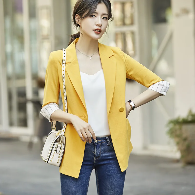 

Mid-length yellow suit women's jacket spring summer Korean slim fashion wild suit blazer feminino women's blazers and jackets