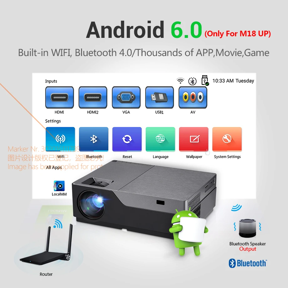 Aon Full HD проектор M18UP, 1920x1080 P, Android 6,0 wifi видео проектор, светодиодный проектор для 4K домашнего кинотеатра(опционально M18 AC3