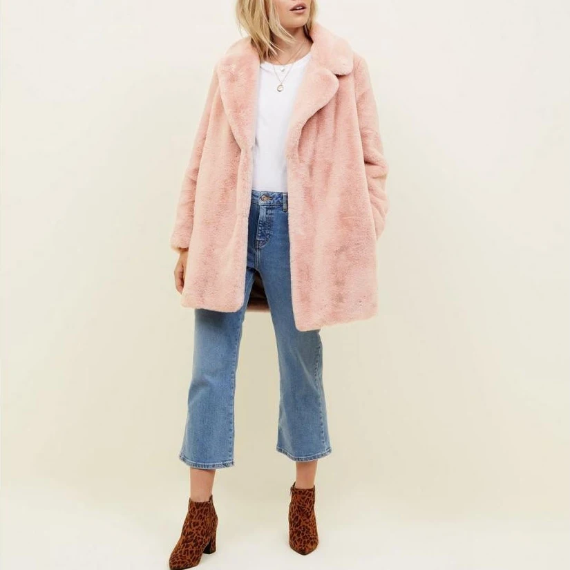 Женское плотное пальто с мехом Wonder размера плюс розовое теплое однотонное для