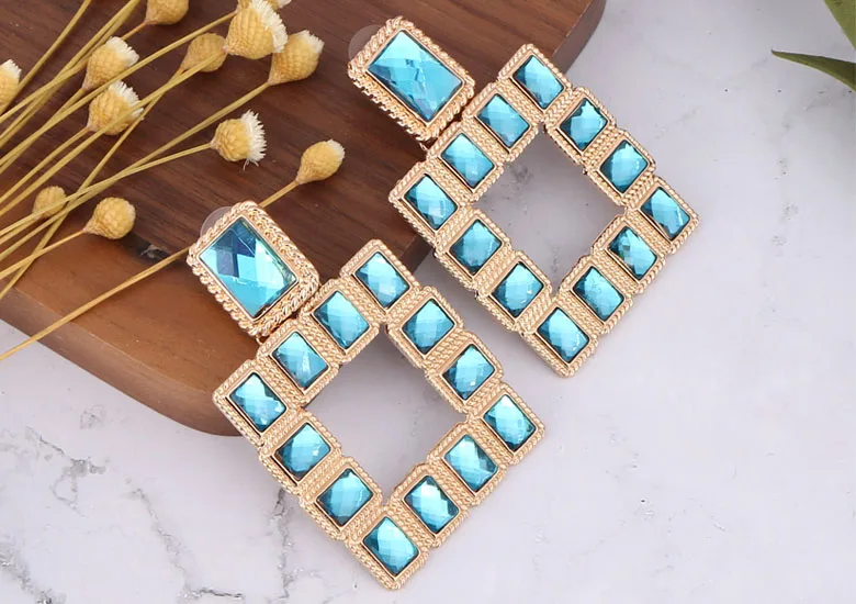 LEADERBEADS, трендовые Разноцветные квадратные серьги-гвоздики с кристаллами, винтажные геометрические серьги-люстры из сплава, женские серьги ZA, массивные ювелирные изделия