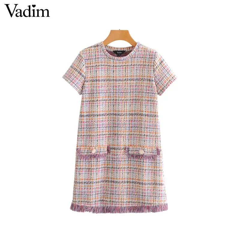 Женское элегантное платье vadim tweed клетчатое мини с кисточками и коротким рукавом