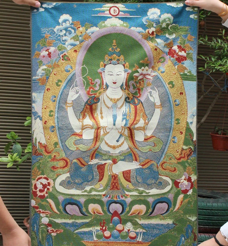 

Искусственная тибетская шелковая ткань, 4 руки, Chenrezig GuanYin Kwan-yin, коллекционные традиционные