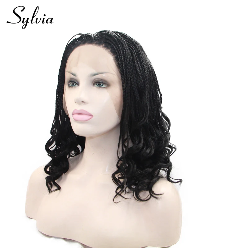 Sylvia 1b# черные микро плетение с вьющимися наконечниками синтетические парики на кружеве натуральные плетеные косички термостойкие парики для волос