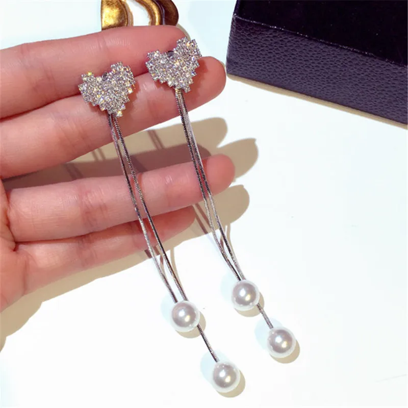 Charmwin новые ранние серьги для женщин Simlated Pearl стразы Двойное сердце висячие серьги (art.: 7a73637a2) - 7a73637a2