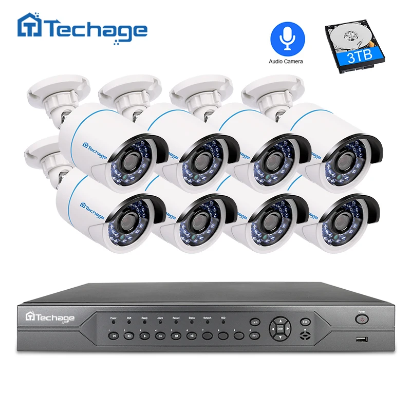 Techage H.265 16CH 2MP 3MP 5MP POE NVR CCTV система 1080P Аудио запись микрофон IP камера P2P