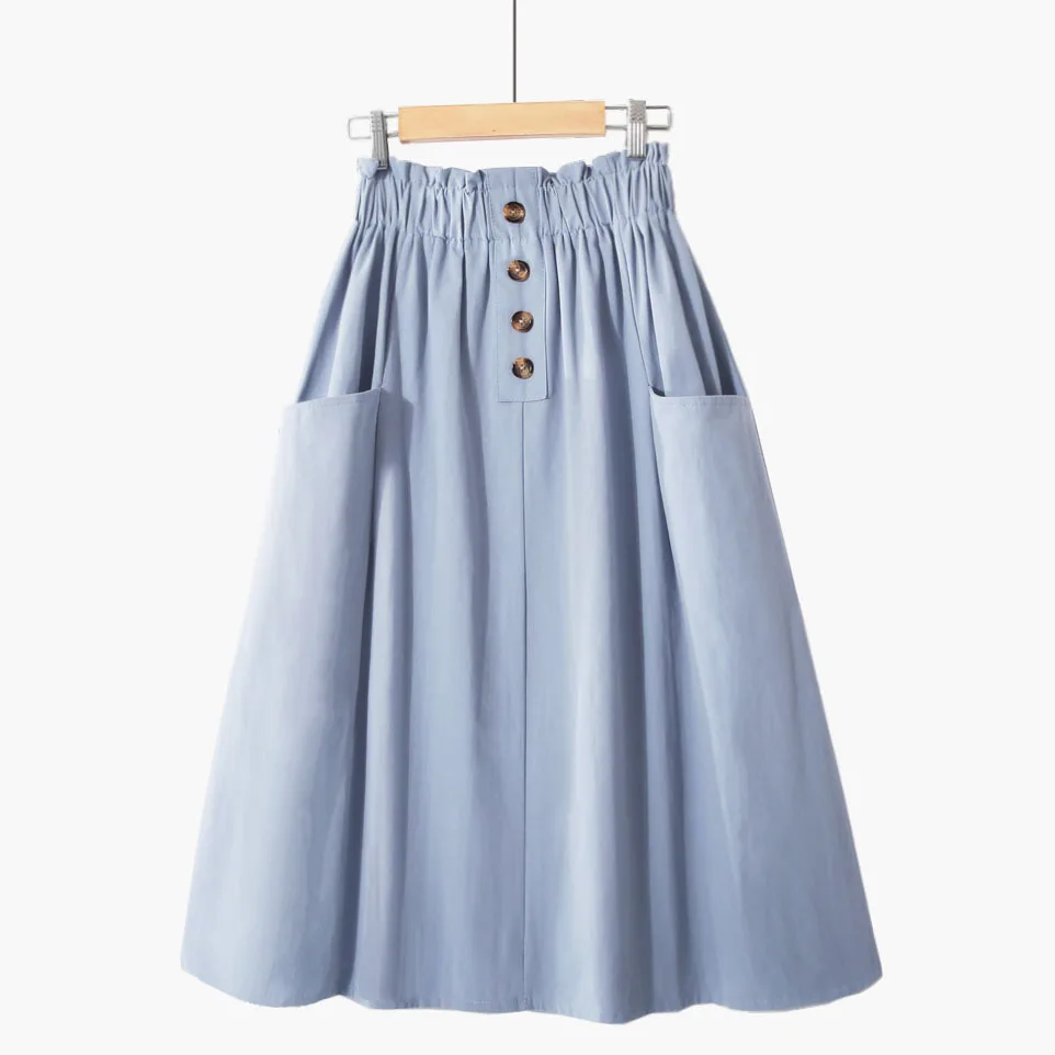 

spring summer new solid color high waist double pocket button literary style A word skirt Sen female skirts girl skirt women