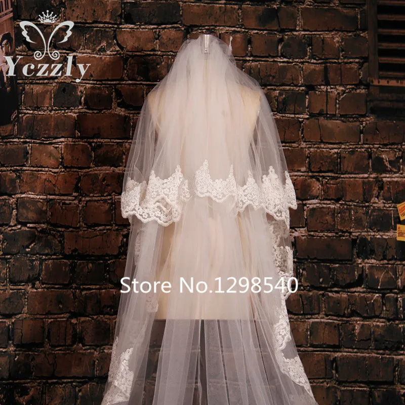 Дешевые Белый/Слоновая Кость 2 Т Длинные Края Шнурка Собор Свадебная Фата С