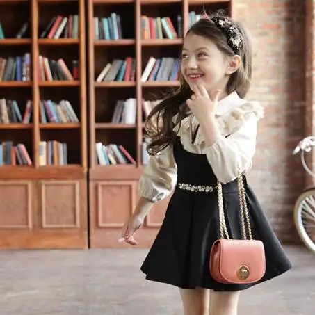 2019 Spring New Girls Dress Suit Baby Kids Pleated Vest + Shirt Tops With Laces 2 Pcs Children's Wear Twinset DF175 | Детская одежда