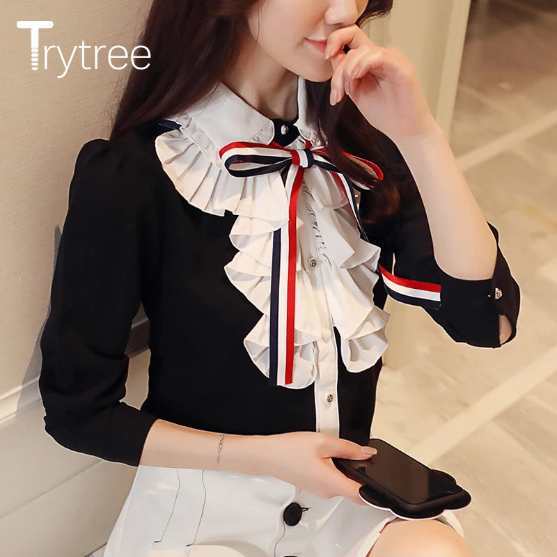 Trytree/весенне летняя женская блузка Повседневная рубашка из полиэстера с бантом и