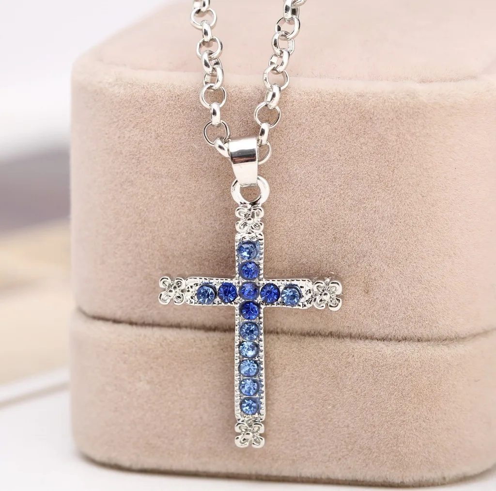 Хип хоп религиозный крест ожерелье Синий Кристалл кулон для мужчин женщин детей