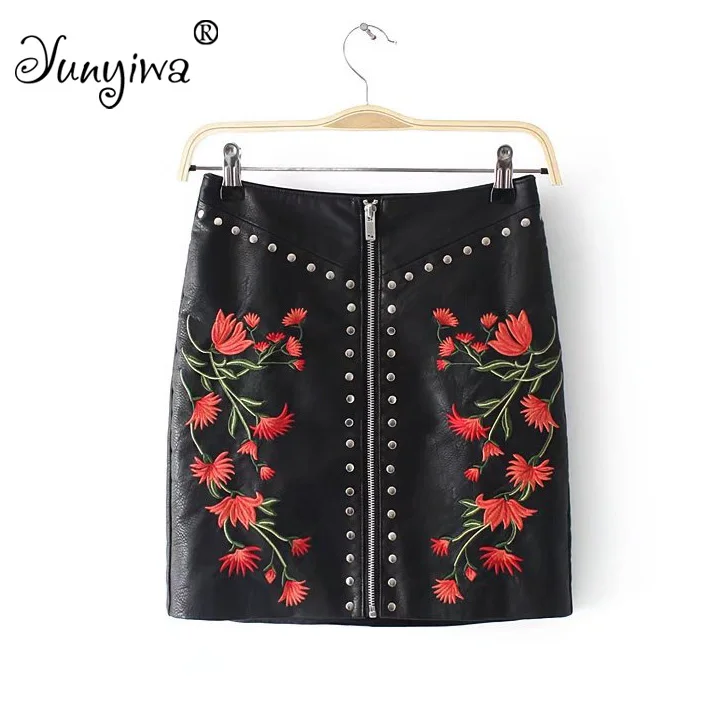 Yuuyiwa Women's new rivet embroidered Pu Faux leather skirt Straight Above Knee Mini Women Skirts Jupe Femme Faldas Mujer | Женская