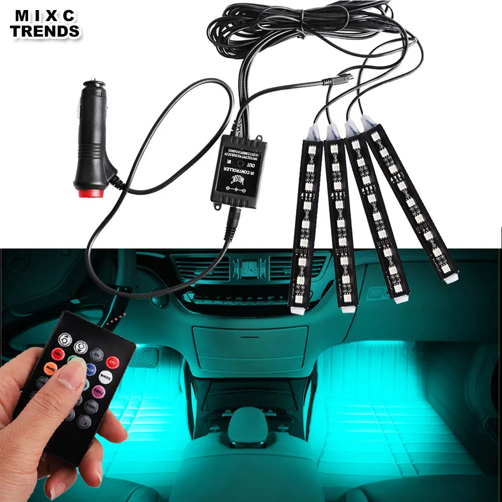

4X9LED Car RGB LED Strip Neon Lights Voice Sensor Sound music control Wireless Decorative Atmosphere Lamps Car Interior Lights