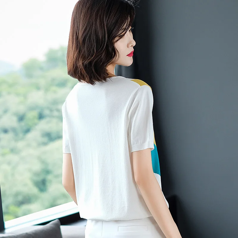 

Summer women patchwork colors knit blouse ladies fashion multicolors striped short-sleeved causal blouse tops