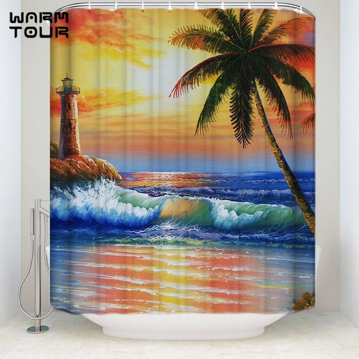 Занавески для ванной и душа 48 &quotx 72&quot краска морской пальмы башня закат море