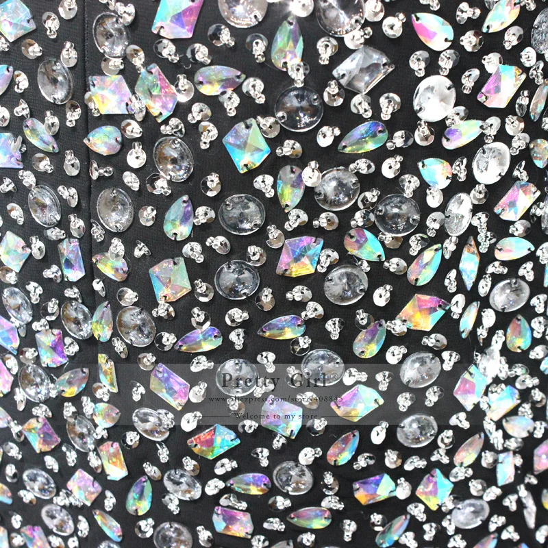 Sheer Длинным Рукавом Кристалл Полностью Бисероплетение Черный Шифон Русалка