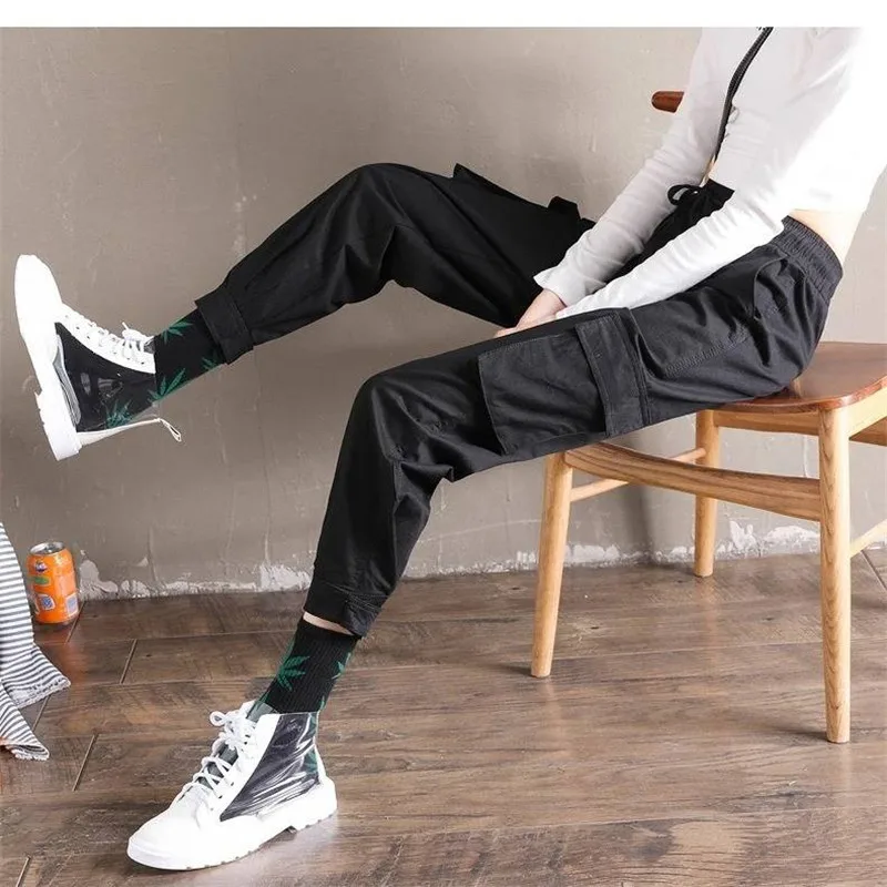 

Fashion Women High Waist Fashion Casual Pants Solid Elastic Waist Pockets Pencil OL Pants High Street Cargo Ankle-Length Pants